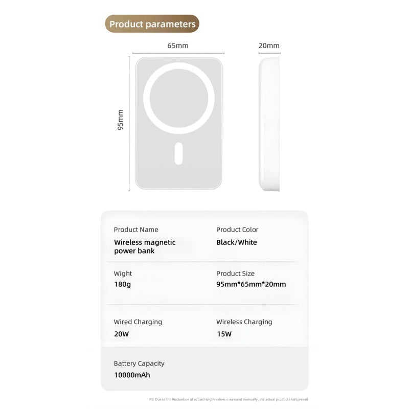 Portable Magnetic Fast Charging Power Bank  Mini Size , Large Capacity 10000mAh, Magnetic Wireless Charging, USB-C Output